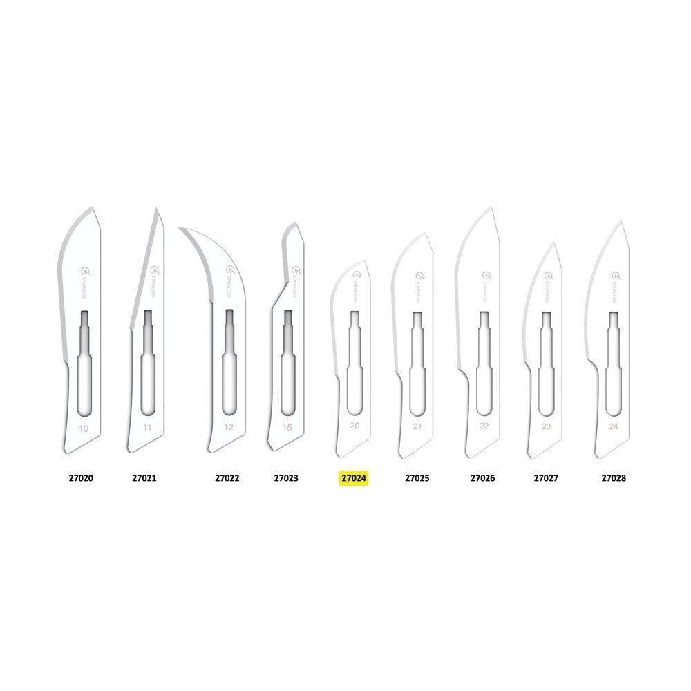 Varie lame di bisturi sterili in acciaio inox, misure da 10 a 28.