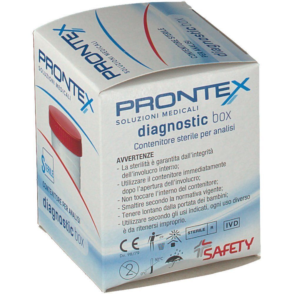 Confezione di un contenitore diagnostico sterile con avvertenze e marcatura CE.