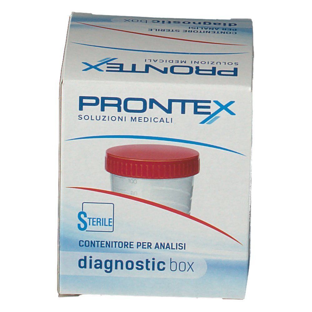 Confezione di un contenitore diagnostico sterile, vista posteriore con immagine del prodotto.