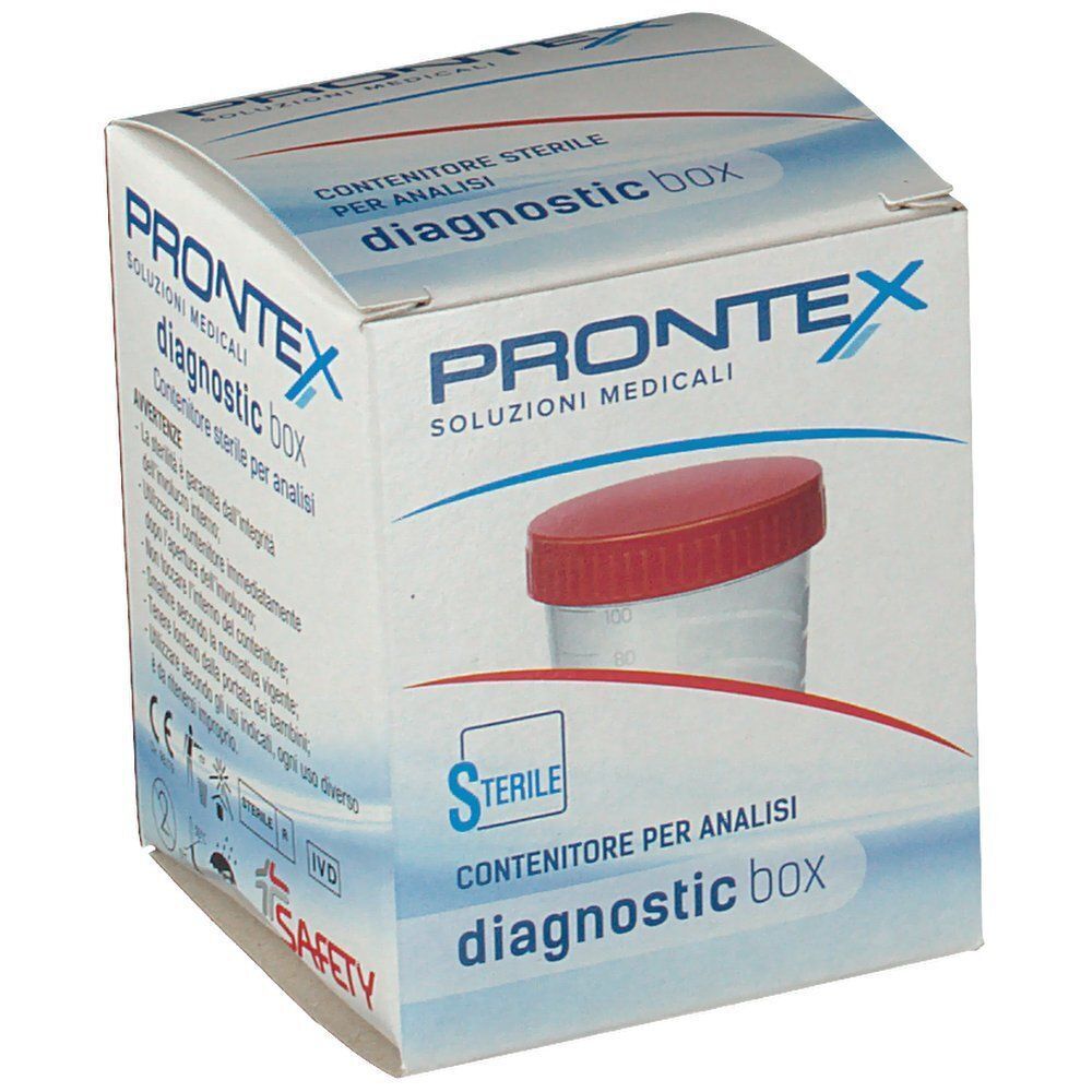 Confezione di un contenitore sterile con tappo rosso. Testo: PRONTEX DIAGNOSTIC BOX.