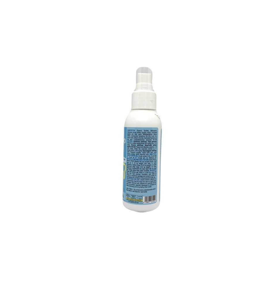 Retro di un flacone spray bianco con etichetta blu per la cura dentale degli animali.