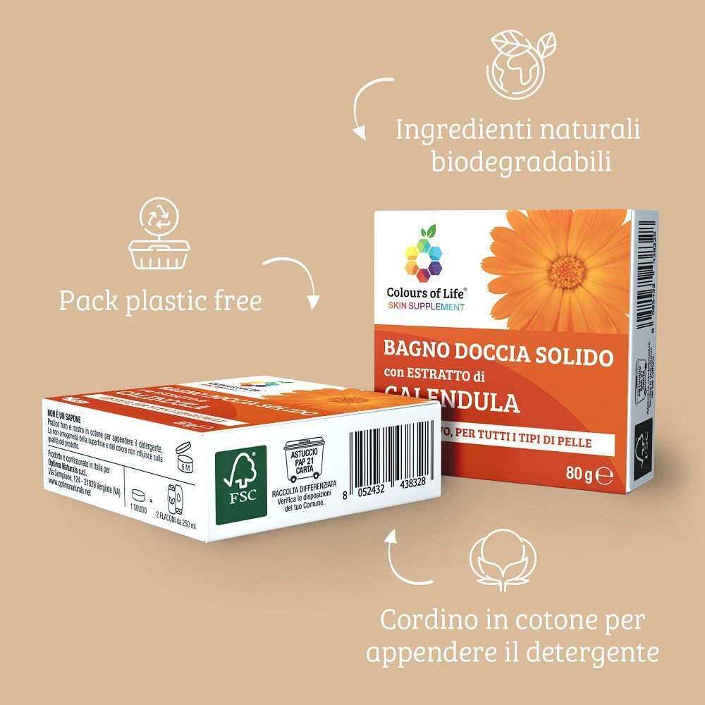 Confezione di bagnoschiuma solido con indicazioni su ingredienti naturali, biodegradabili e imballaggio plastic-free.