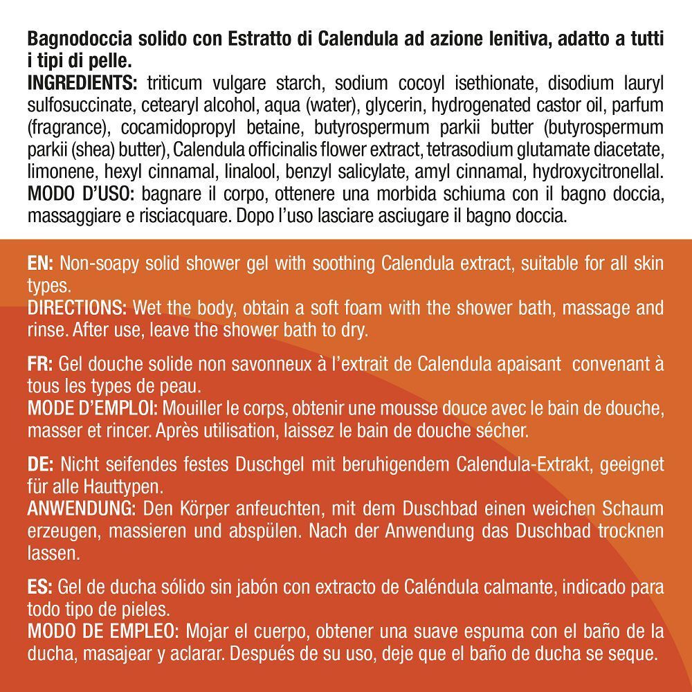 Informazioni sul bagnoschiuma solido con estratto di calendula, adatto a tutti i tipi di pelle.
