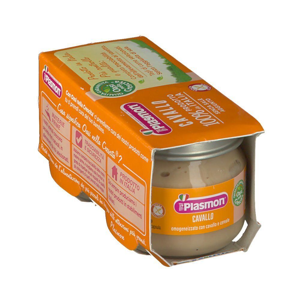Plasmon Omogeneizzato Cavallo: Vista laterale della confezione con un vasetto, 100% prodotto in Italia.