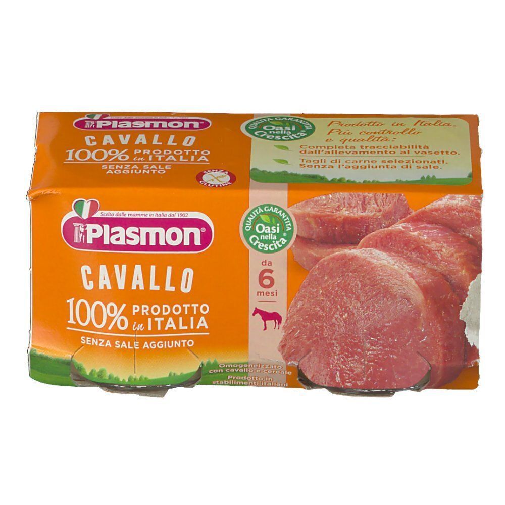 Plasmon Omogeneizzato Cavallo: Confezione da due vasetti, 100% prodotto in Italia, con immagine di fette di carne.