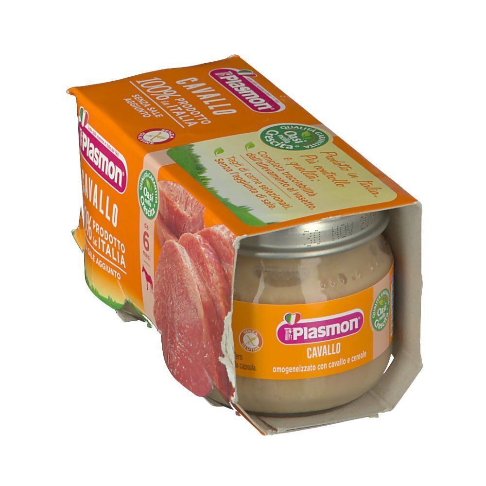 Una confezione di Plasmon Omogeneizzato Cavallo, omogeneizzato di carne di cavallo per neonati, aperta.