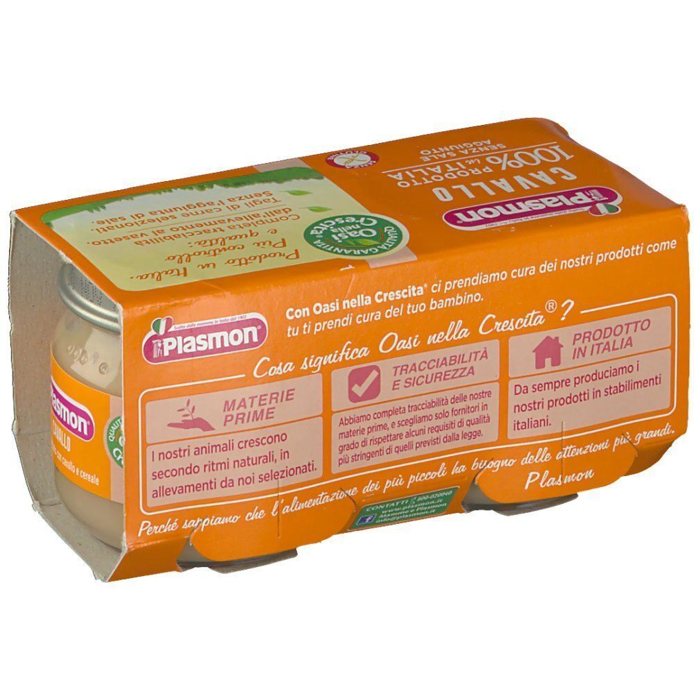Retro di una confezione di Plasmon Omogeneizzato Cavallo, omogeneizzato di carne di cavallo per neonati.