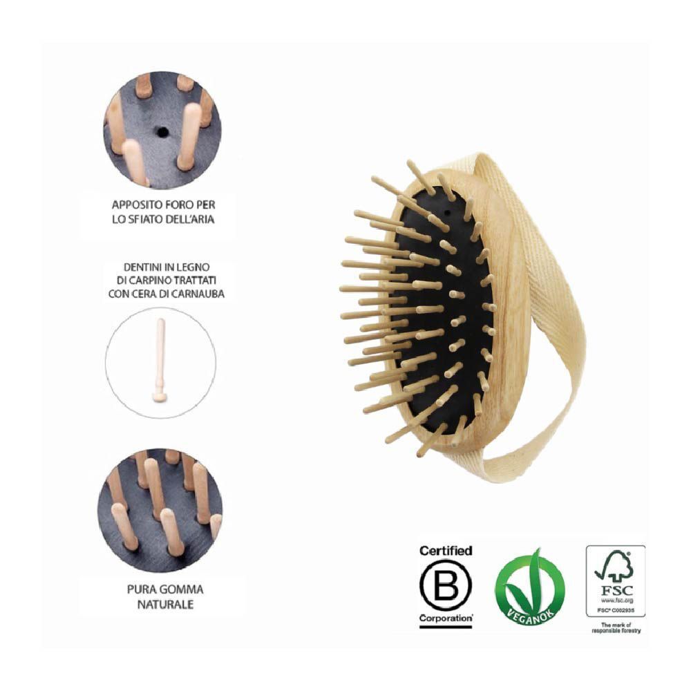Spazzola da massaggio in legno con cuscino in gomma naturale, dentini in legno e cinghietto. Certificazioni: B Corp, Veganok, FSC.
