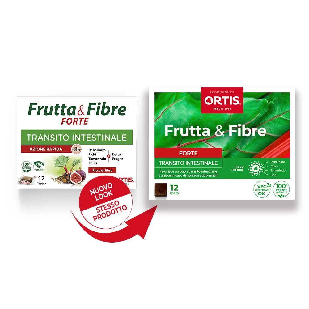 Due confezioni Ortis Frutta & Fibre Forte, una con nuovo e una con vecchio design. Una freccia indica il nuovo design.