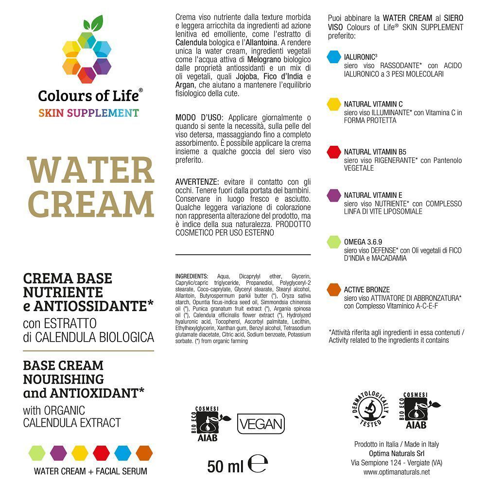 Retro della confezione Colours of Life® Water Cream con ingredienti e certificazioni.