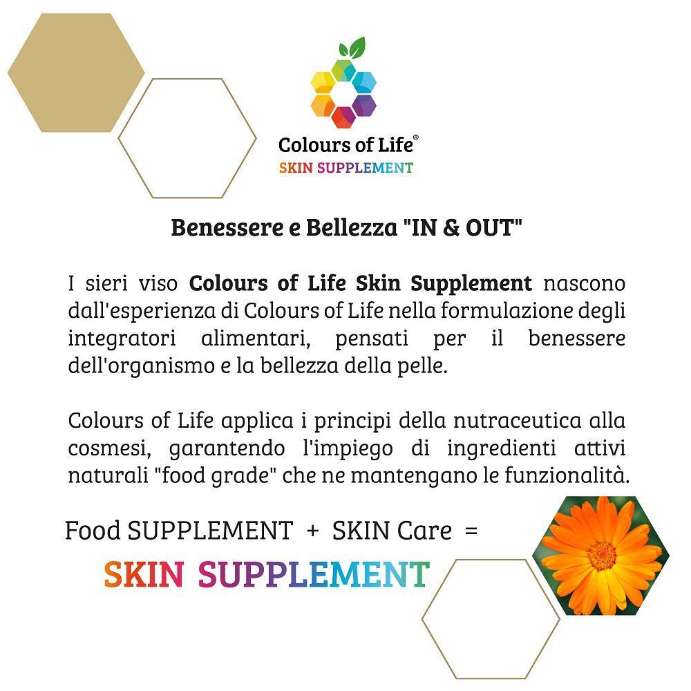 Logo Colours of Life® Skin Supplement e spiegazione della filosofia 'Benessere e Bellezza IN & OUT'.