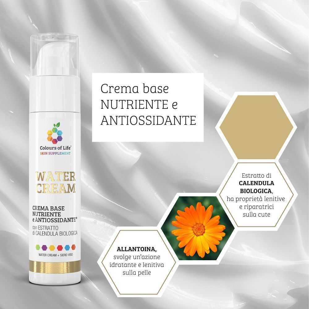 Flacone Colours of Life® Water Cream con informazioni su calendula e allantoina.
