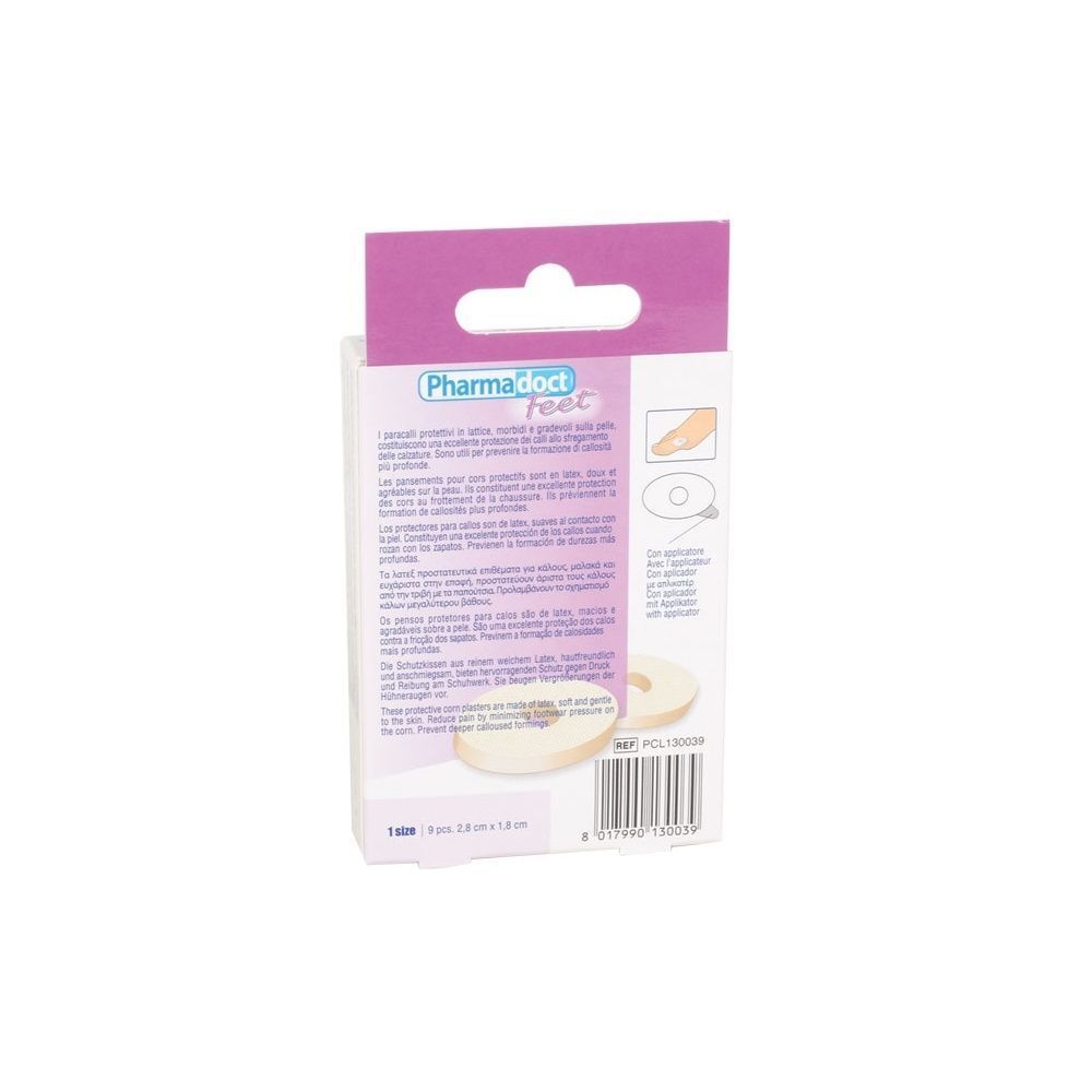 Retro di una confezione di Pharmadoct Feet Paracalli Ovali con istruzioni per l'uso e codice a barre.