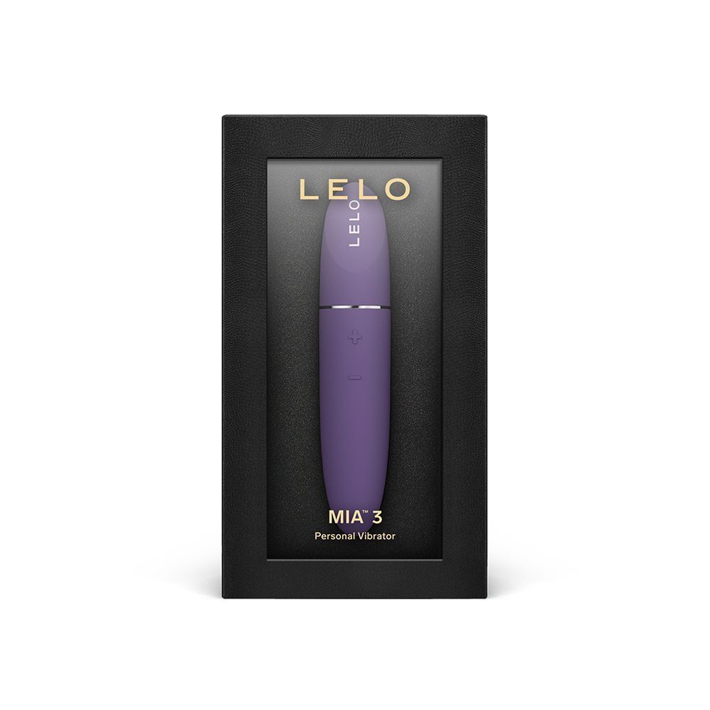 Massaggiatore personale Lelo Mia3 viola in una scatola regalo nera con finestra.
