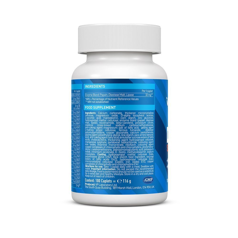 Retro di una bottiglia di VPLAB Daily 1 Sport Multivitamin & Mineral Complex con elenco degli ingredienti.