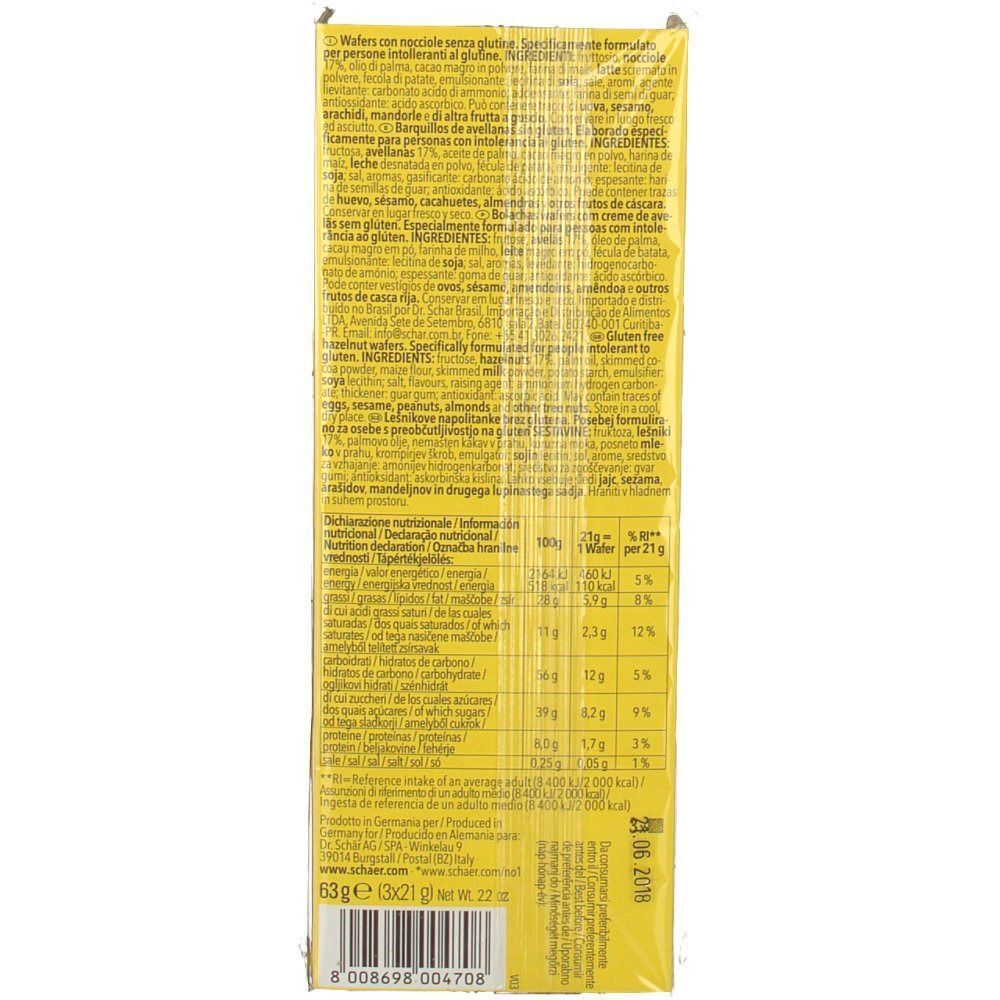 Retro di una confezione di cialde Schär Gluten Free Nocciolí con informazioni nutrizionali.