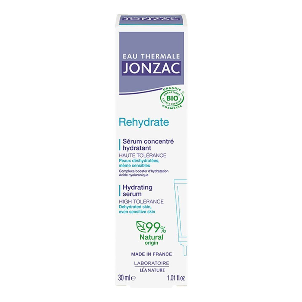 Una confezione di Siero Idratante Rehydrate Eau Thermale Jonzac, 30ml, con sigillo Bio e indicazione di origine naturale.