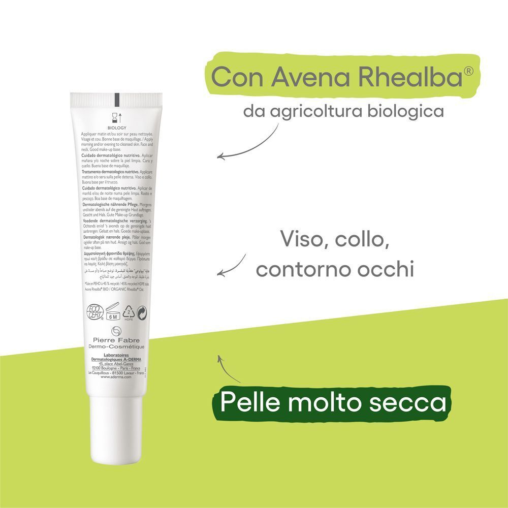 Retro di un tubo A-Derma Biology Nutri con ingredienti e istruzioni.