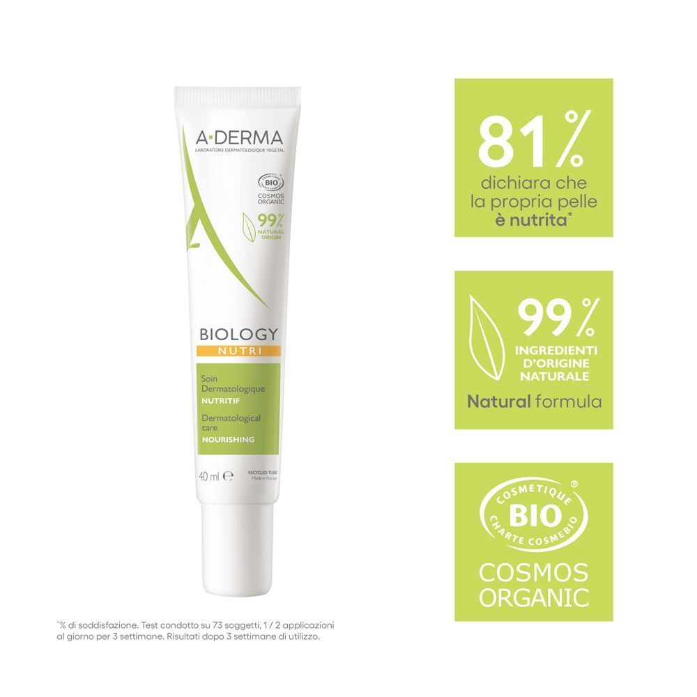 Tubo A-Derma Biology Nutri con sigilli per 99% ingredienti naturali e COSMOS ORGANIC.