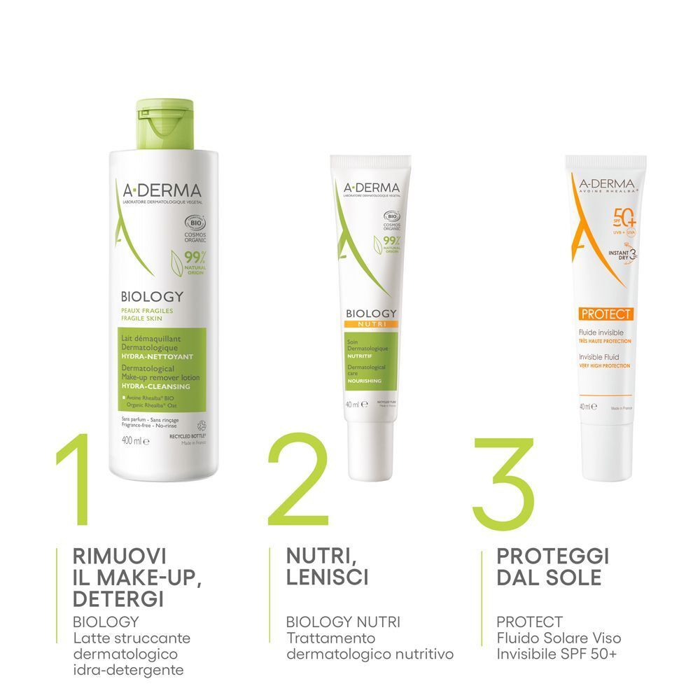 Passo 1: Detergente A-Derma, Passo 2: A-Derma Biology Nutri, Passo 3: Protezione solare A-Derma.