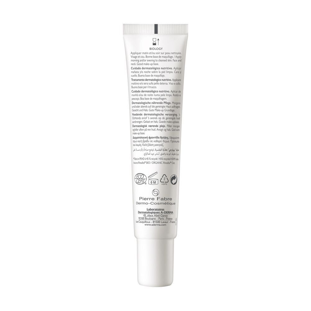 Retro di un tubo A-Derma Biology Nutri con dettagliate istruzioni per l'uso.