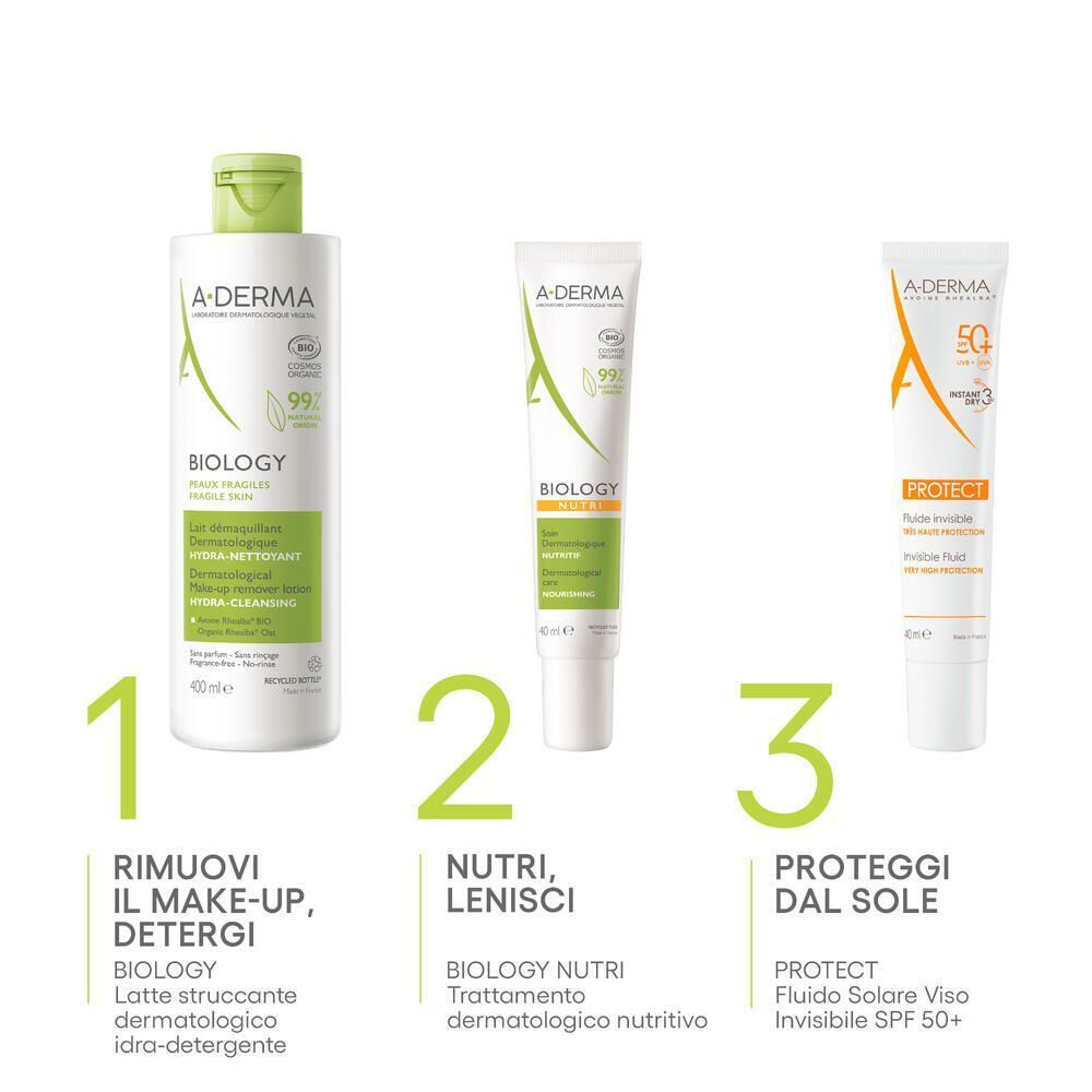 Passo 1: Detergente A-Derma, Passo 2: A-Derma Biology Nutri, Passo 3: Protezione solare A-Derma.