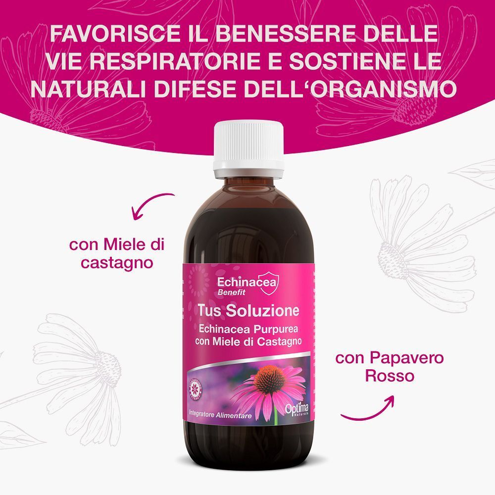 Flacone di Optima Naturals Echinacea Tus Soluzione con fiore di echinacea e indicazioni sugli ingredienti.