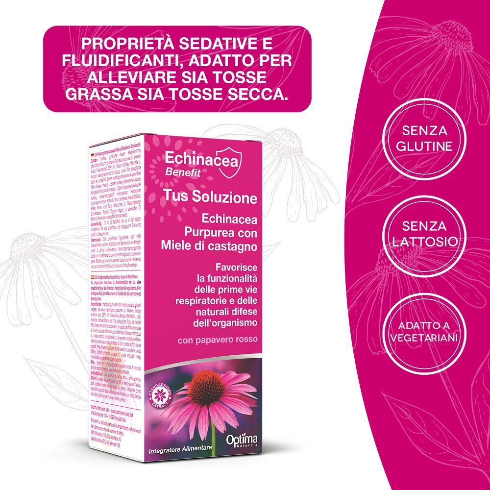 Scatola di Optima Naturals Echinacea Tus Soluzione con sigilli senza glutine e senza lattosio.