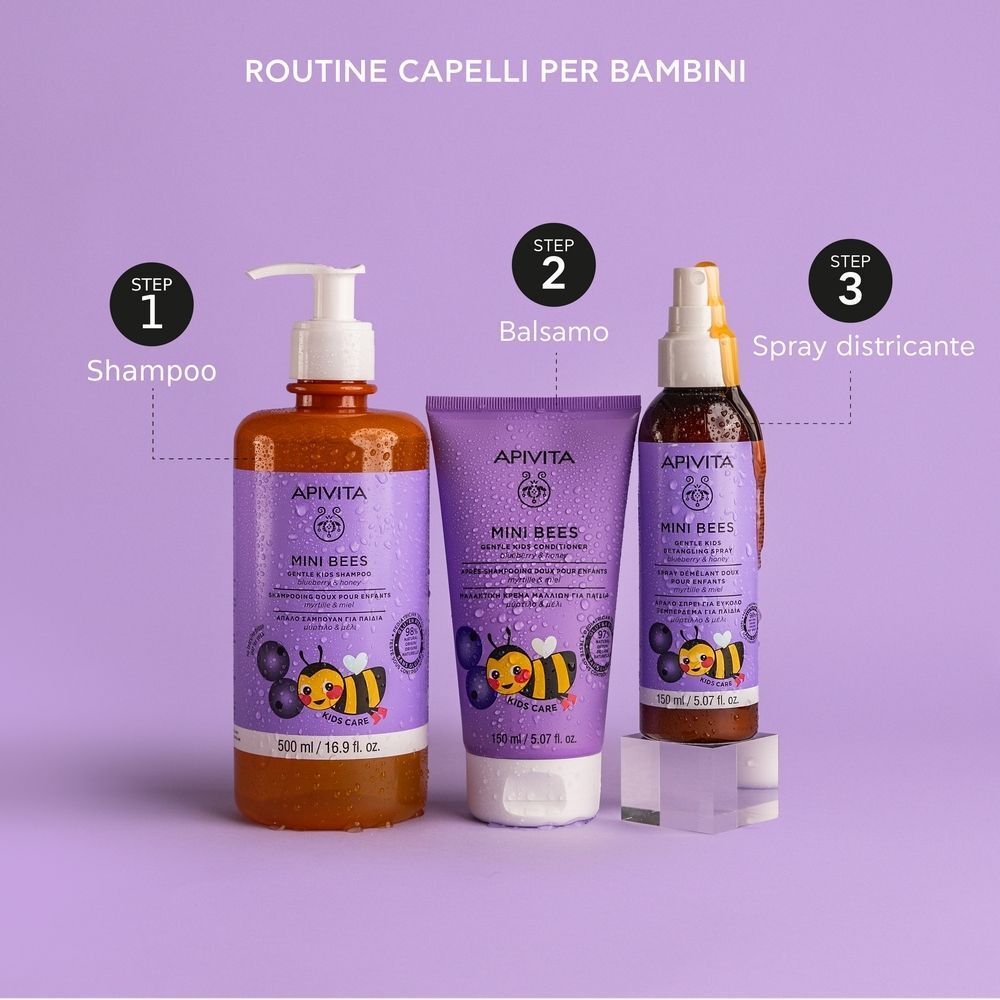 Shampoo, balsamo e spray districante Apivita Mini Bees per bambini.