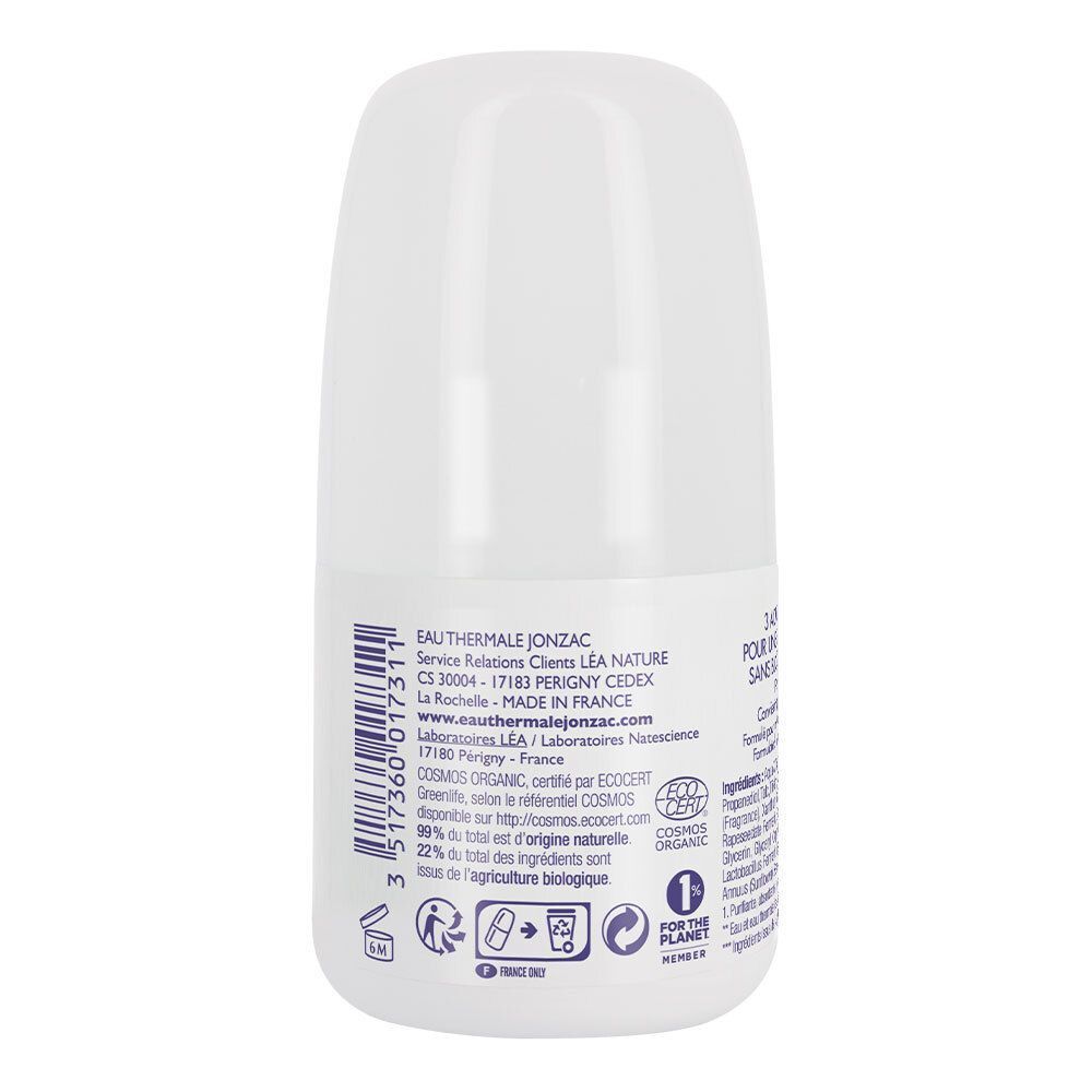 Retro di un deodorante roll-on Eau Thermale Jonzac, informazioni produttore e sigillo COSMOS ORGANIC.
