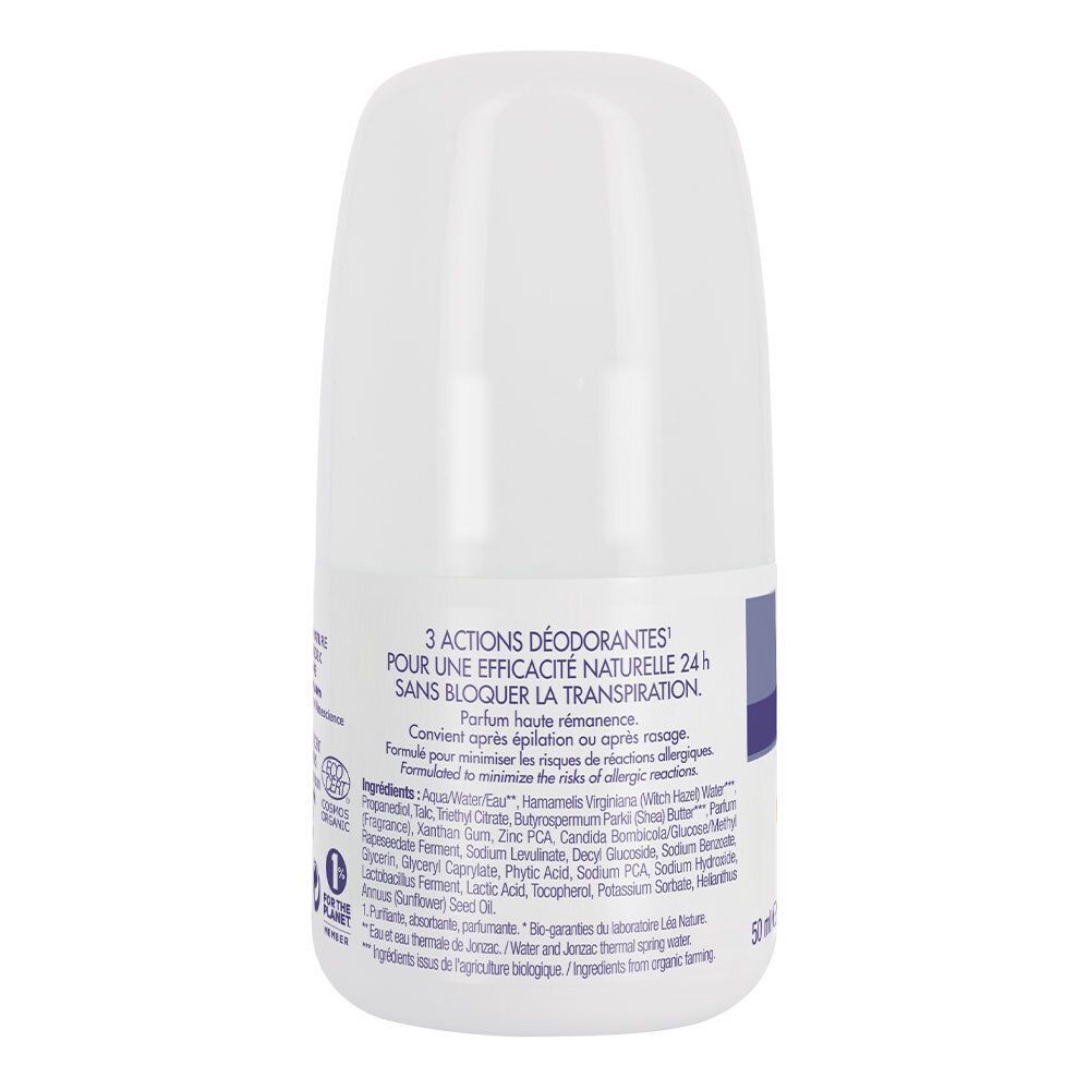 Retro di un deodorante roll-on Eau Thermale Jonzac, ingredienti e sigillo bio.