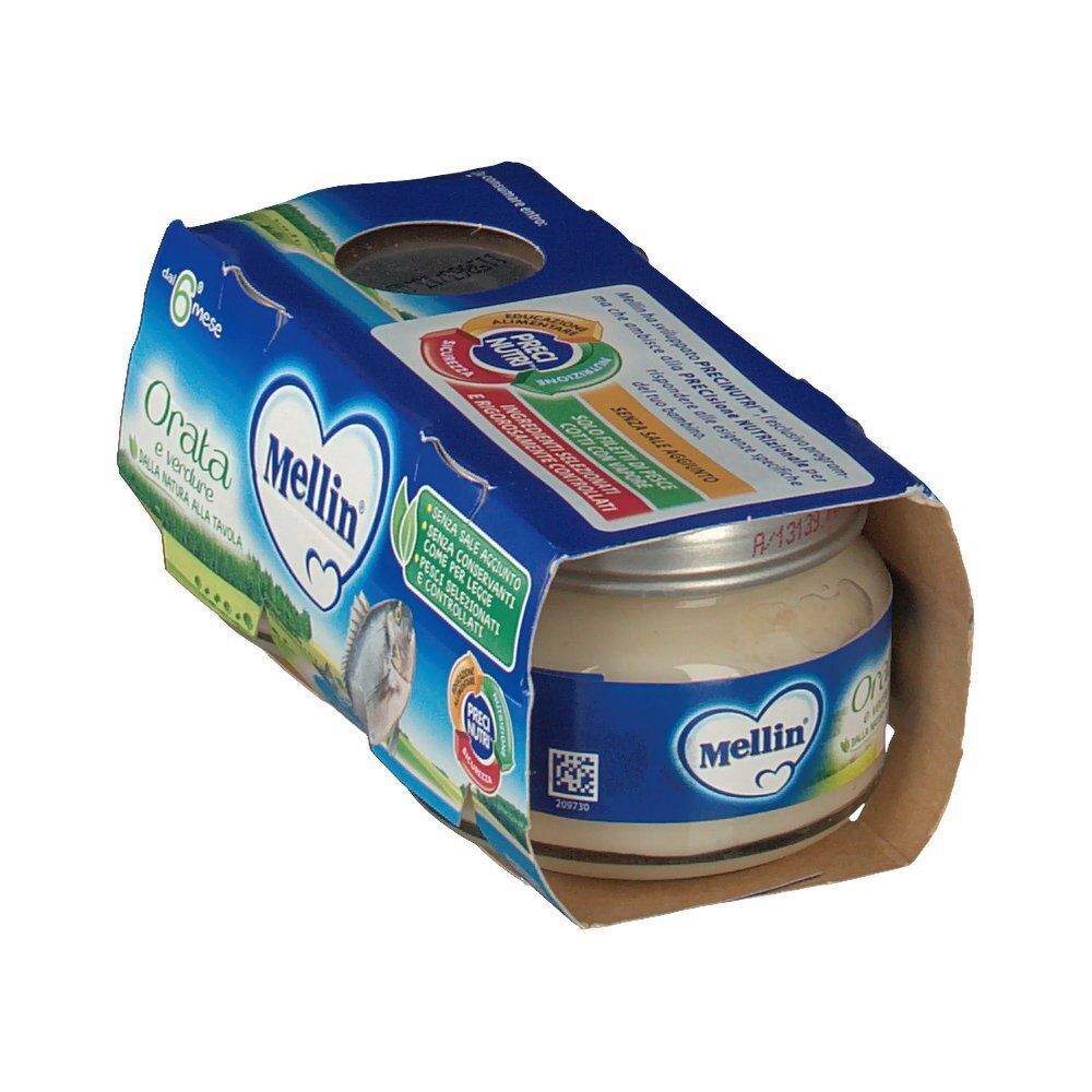 Una confezione di Mellin® Omogenizzato Orata e Verdura, primo piano.