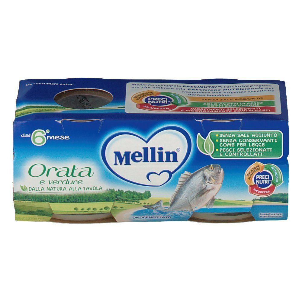 Fronte di una confezione di Mellin® Orata e Verdura per neonati con immagine di pesce e paesaggio.