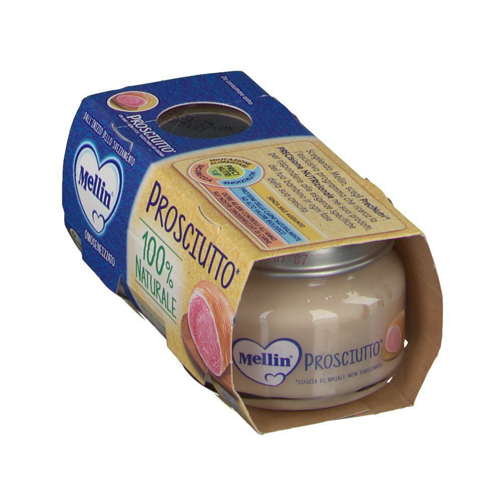 Mellin Prosciutto: Un vasetto di omogeneizzato di prosciutto, 100% naturale, senza sale aggiunto.