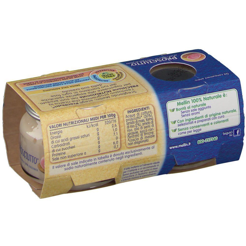 Retro della confezione Mellin Prosciutto con valori nutrizionali e lista ingredienti.