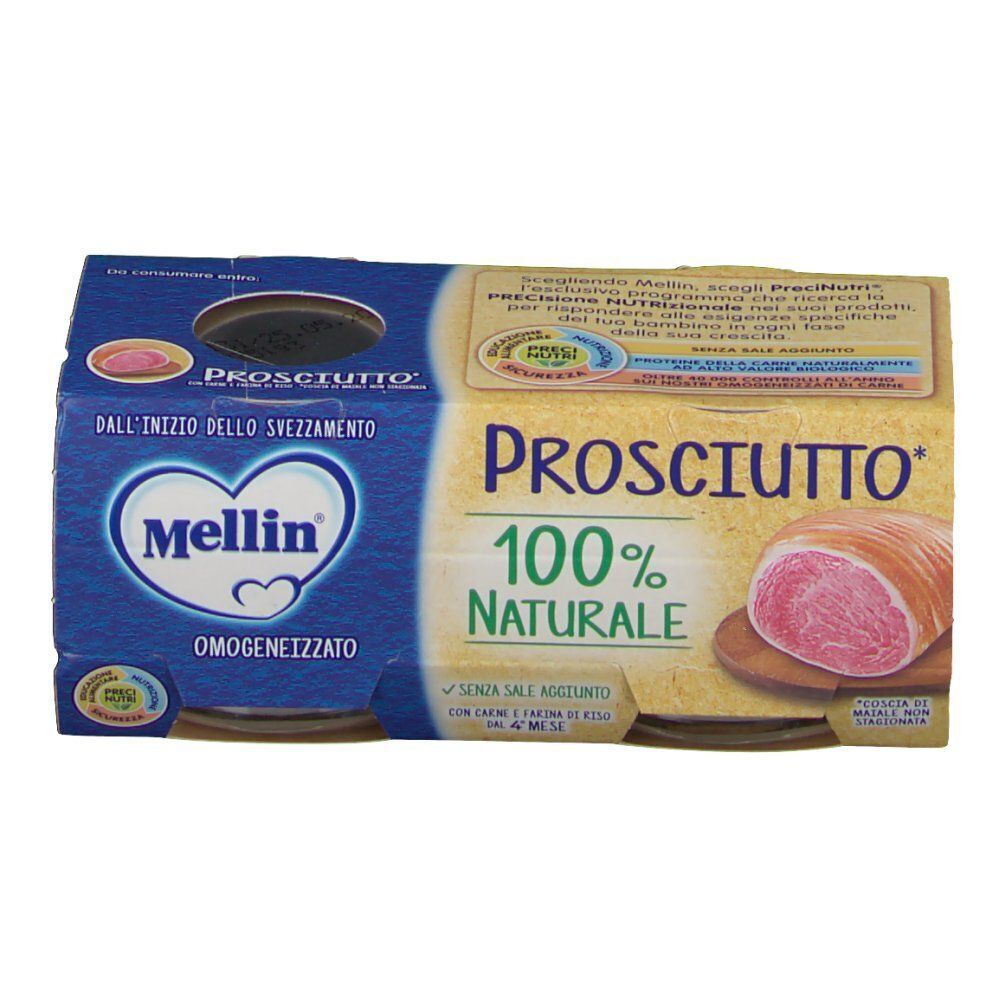 Mellin Prosciutto 100% Naturale: Due vasetti di omogeneizzato di prosciutto, senza sale aggiunto.