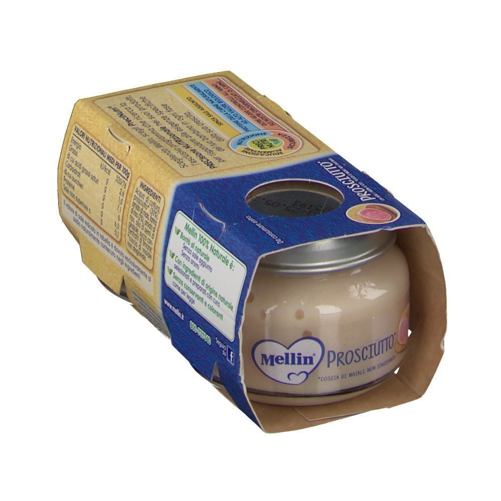Mellin Prosciutto: Un vasetto di omogeneizzato di prosciutto, visto di lato nella confezione.