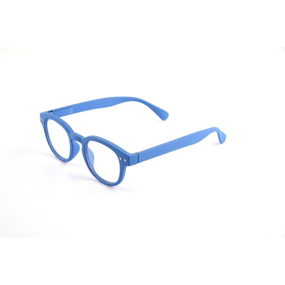 Un occhiale blu per bambini con lenti rotonde e aste, visto di lato.
