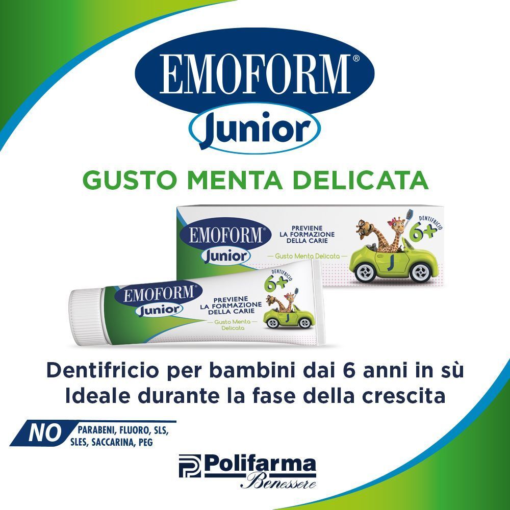 Tubetto e scatola di dentifricio Emoform Junior con giraffe in un'auto.
