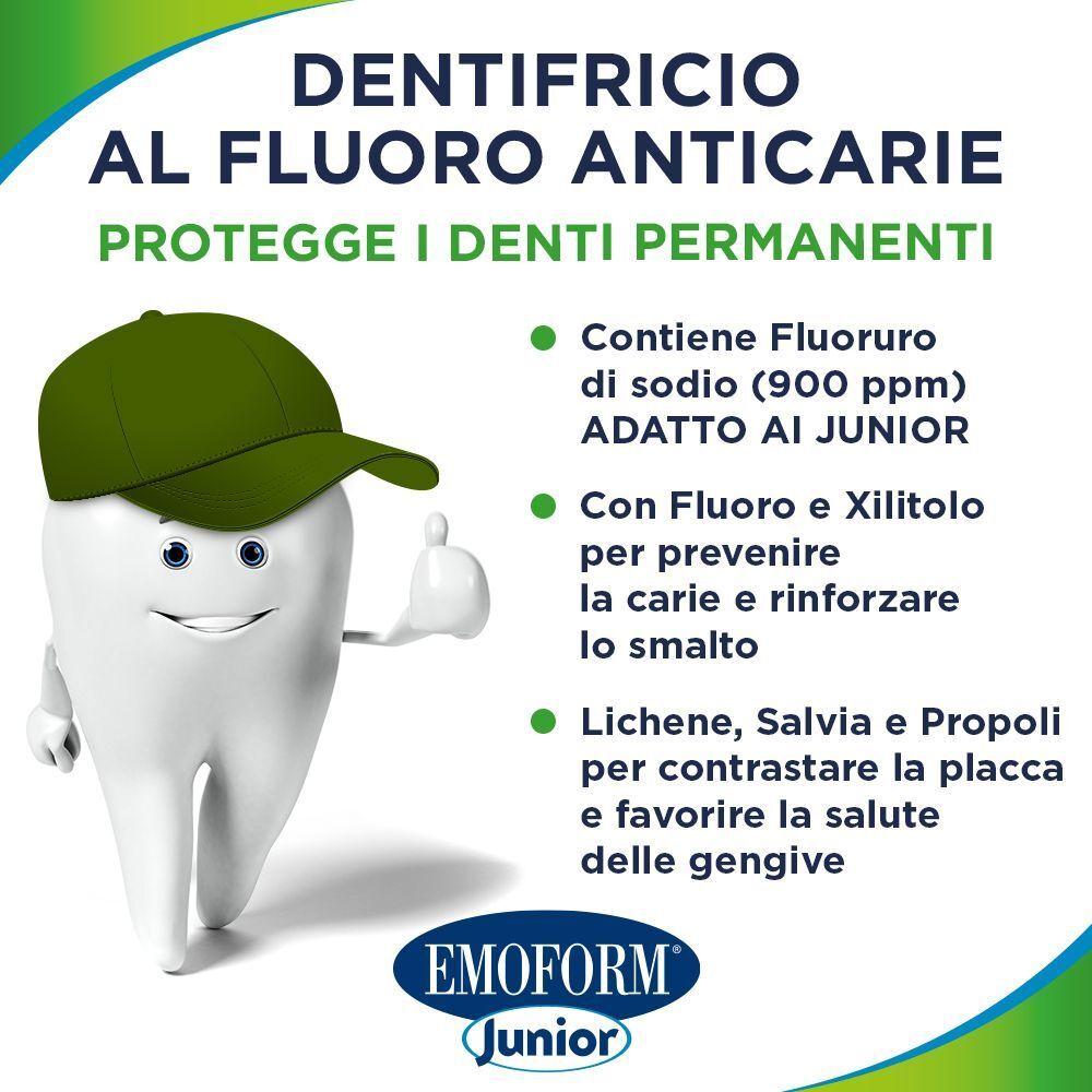 Una figura dentale animata con cappellino, logo Emoform Junior e informazioni.