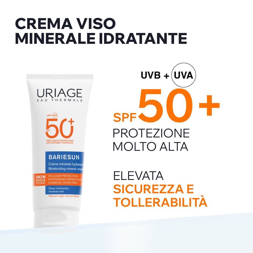 Fronte di un tubo URIAGE BARIESUN Crema Minerale SPF50+, testo su alta protezione solare.