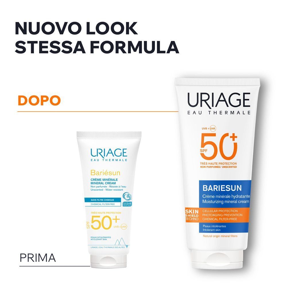 Confronto tra il vecchio e il nuovo packaging della crema minerale Uriage Bariésun SPF50+.