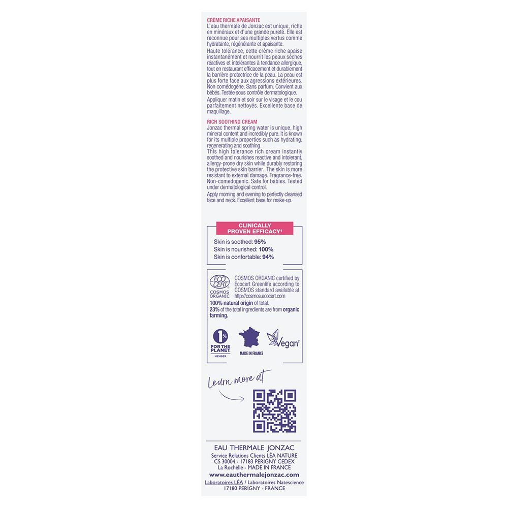 Retro della confezione Eau Thermale Jonzac Crema Ricca Alta Tolleranza Reactive con certificazioni.