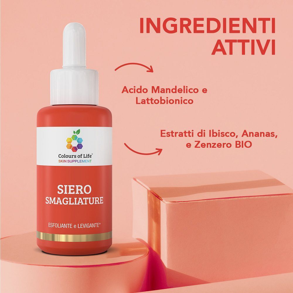 Flacone di Siero Smagliature Colours of Life con contagocce e ingredienti attivi.