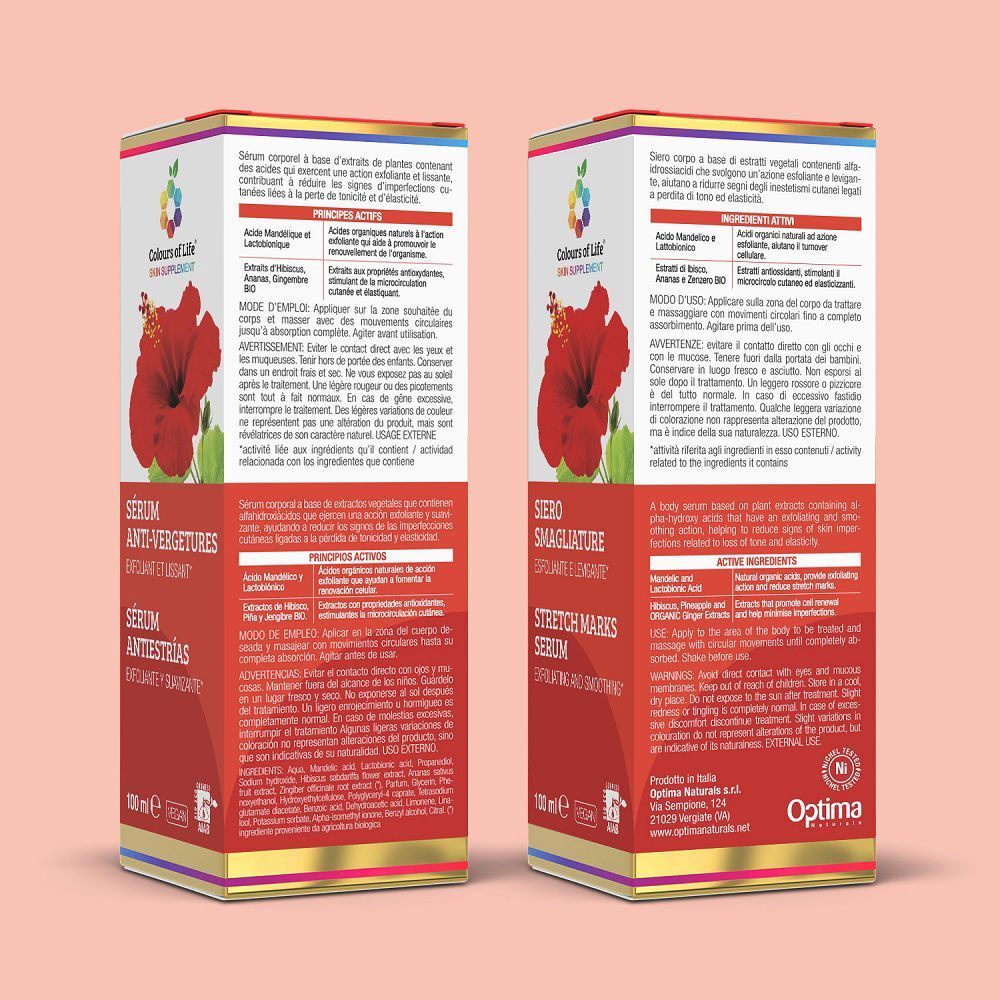 Vista posteriore delle scatole del Siero Smagliature Colours of Life con ingredienti.