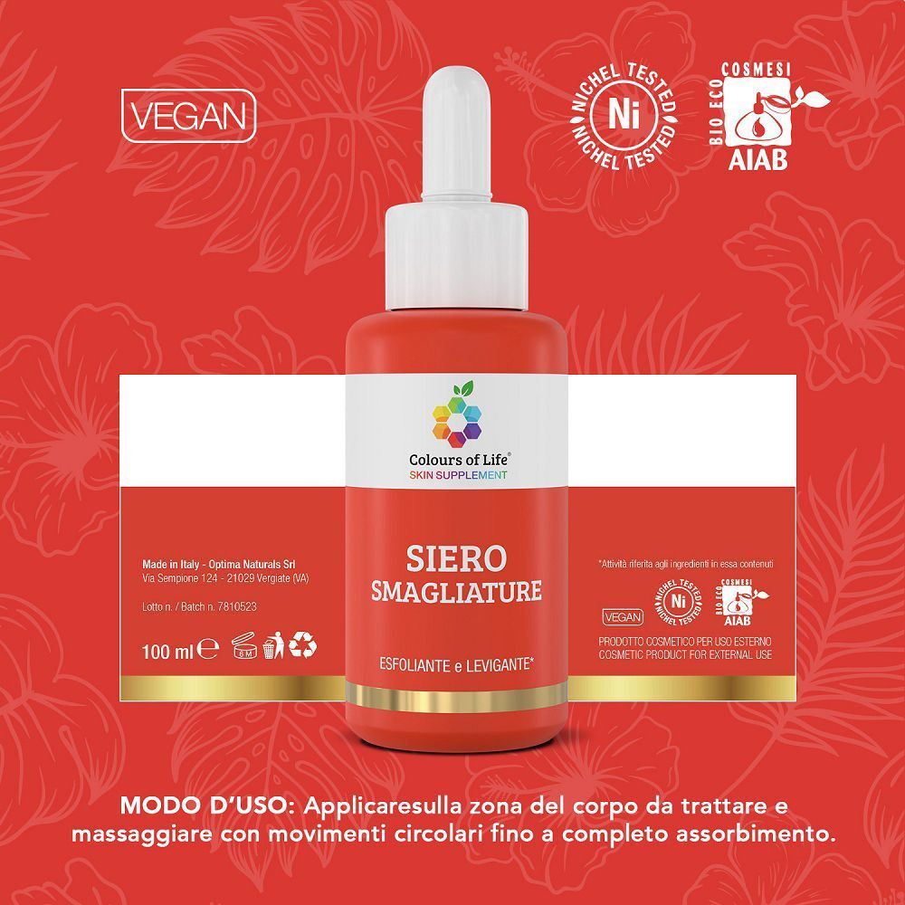 Flacone di Siero Smagliature Colours of Life con sigilli Vegan e Nickel-testato.