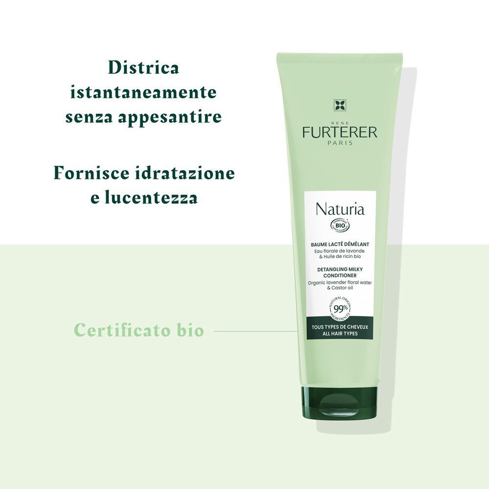 Tubo verde di René Furterer Naturia Balsamo Latte Districante con testo su sfondo chiaro.