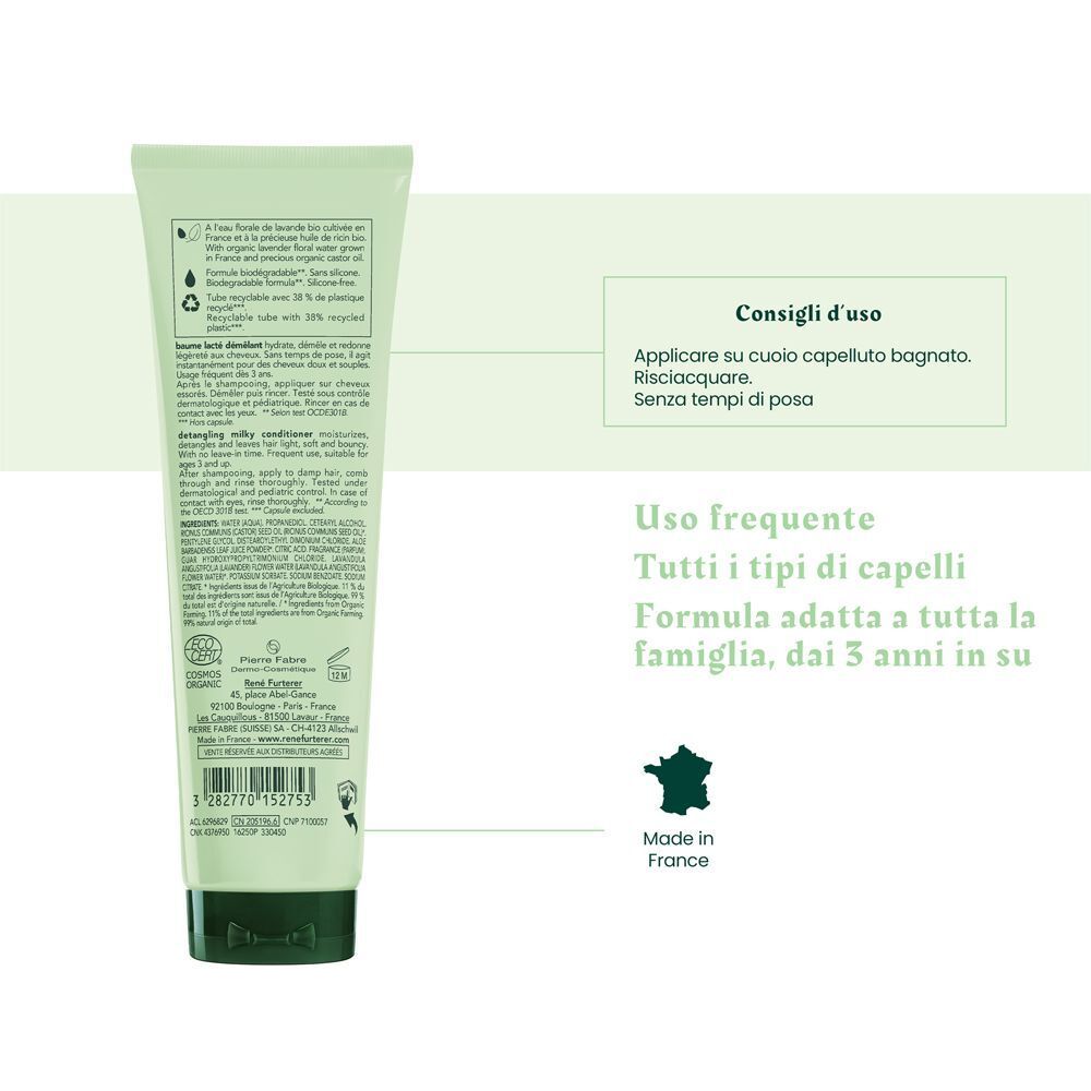 Retro di un tubo verde René Furterer Naturia Balsamo Latte Districante con consigli d'uso.