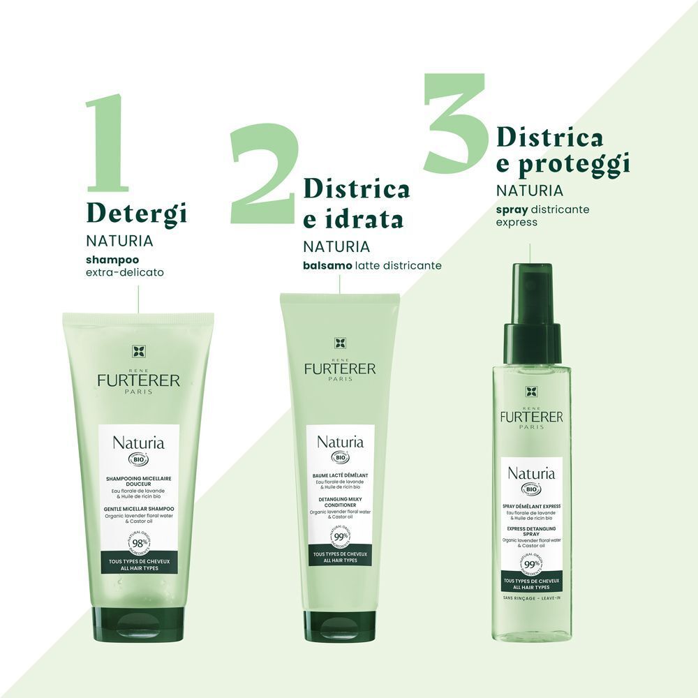 Tre prodotti René Furterer Naturia: Shampoo, Balsamo e Spray.