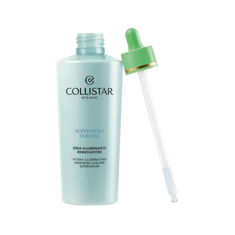 Un flacone Collistar Supersiero Sublime Hydra-Illuminante Rinnovatore con pipetta estratta.